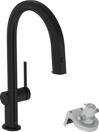 Baterie Hansgrohe AQITTURA M91 bucatarie, inalta, tip C, dus extractabil, filtrare negru mat